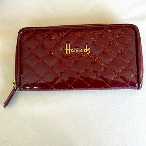 Harrods London Burgundy Purple Patent Leather Zip Around Clutch Wallet